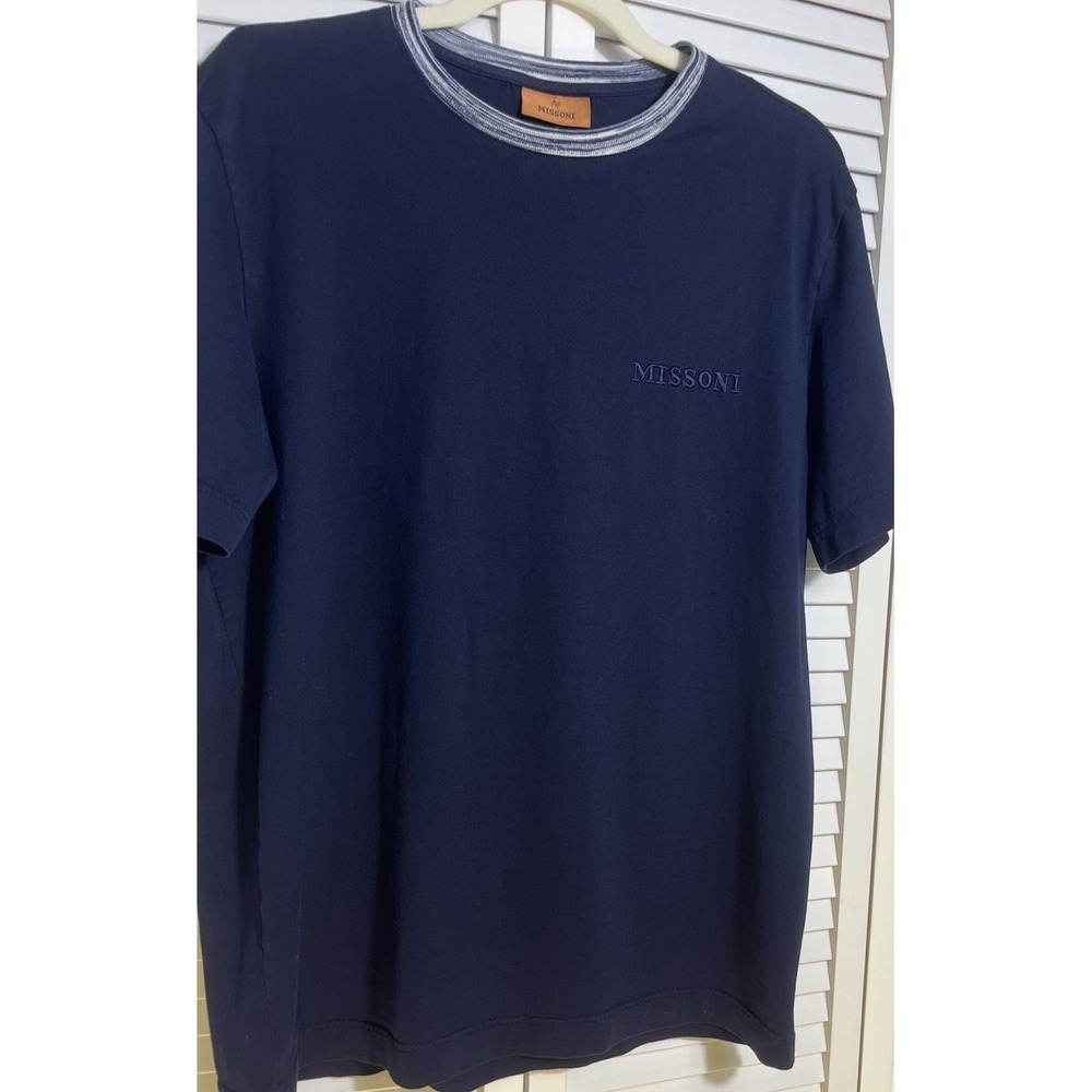 Missoni Navy Blue Shirt Men Large Embroidered Logo Crew Neck SS Space Dye Collar
